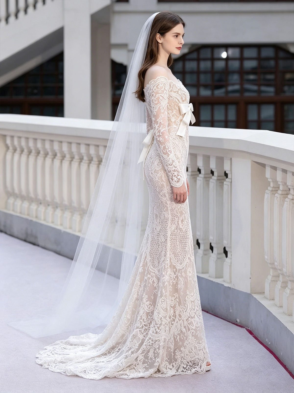 Off Shoulder Sheer Lace Long Sleeve Bow Mermaid Wedding Gown