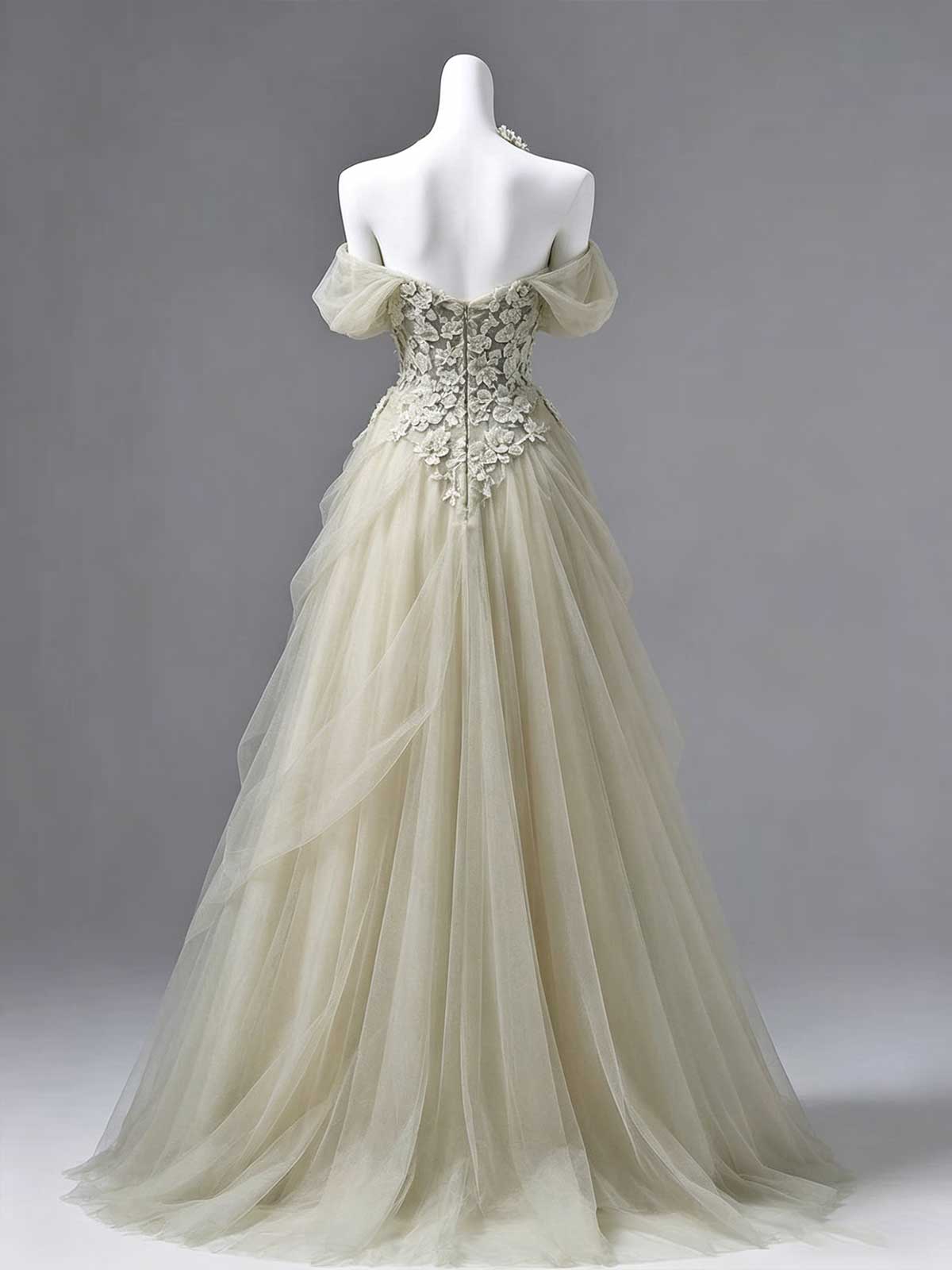 Sage Green Off-the-Shoulder Tulle Wedding Dress with 3D Floral Lace Bodice
