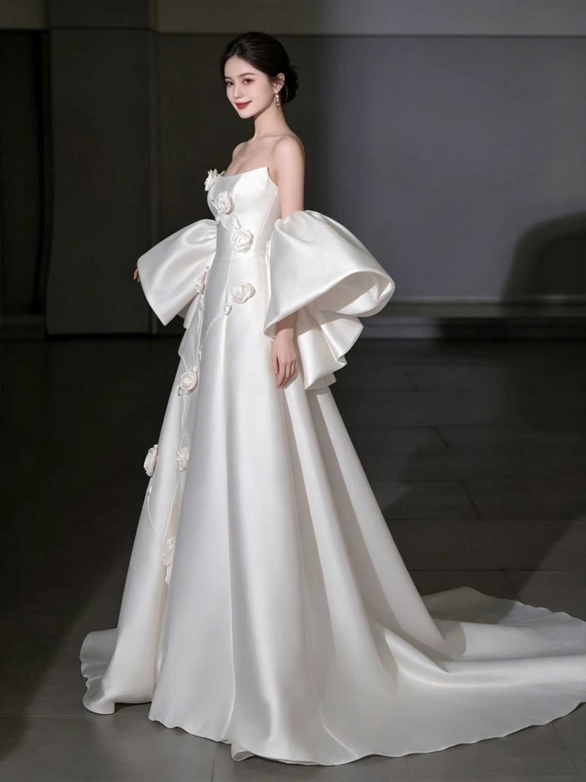 White Strapless Satin Wedding Dress with 3D Rose Appliqués and Detachable Sleeves