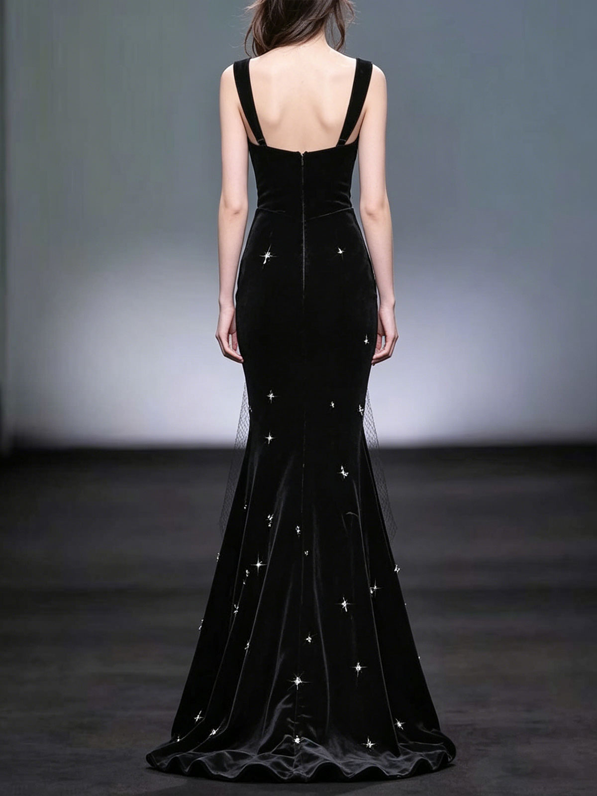 Black Velvet Spaghetti Strap Mermaid Evening Gown with Crystal Star Embellishments