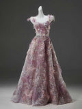 Pink Purple 3D Floral Spaghetti Strap A-Line Evening Gown