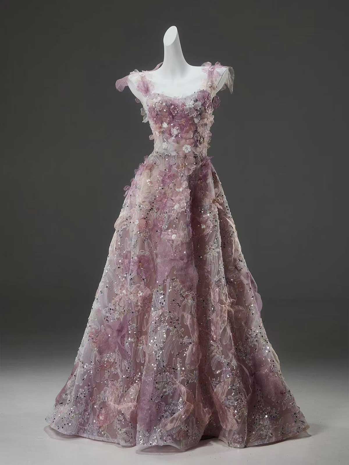 Pink Purple 3D Floral Spaghetti Strap A-Line Evening Gown
