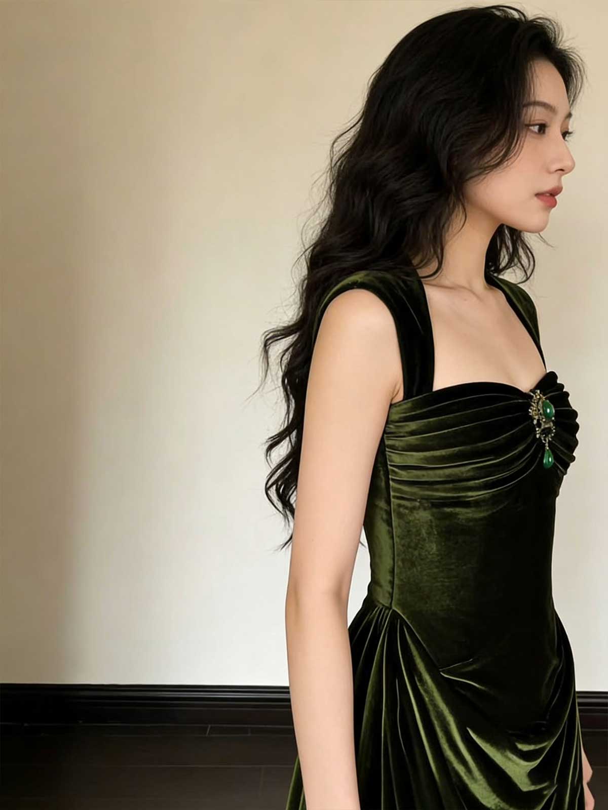 Vintage Emerald Green Velvet Maxi Gown with Draped Bust & Gemstone Accent