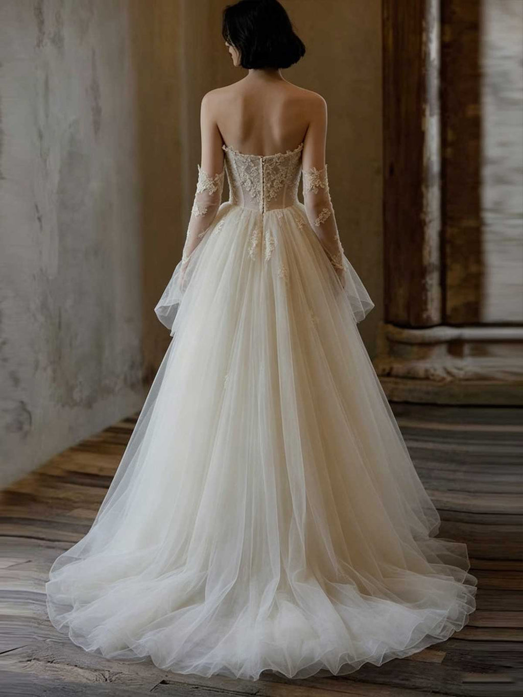 Ivory 3D Floral Applique Strapless Tulle A-Line Wedding Dress with Lace Gloves