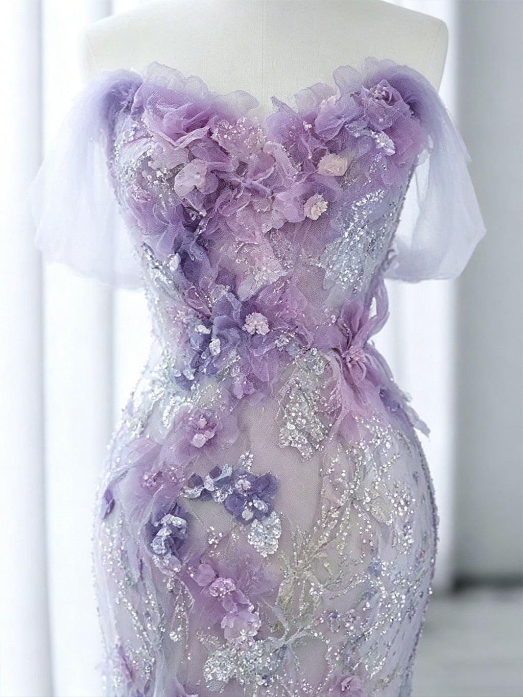 Strapless 3D Floral Lavender Glitter Tulle Mermaid Evening Gown