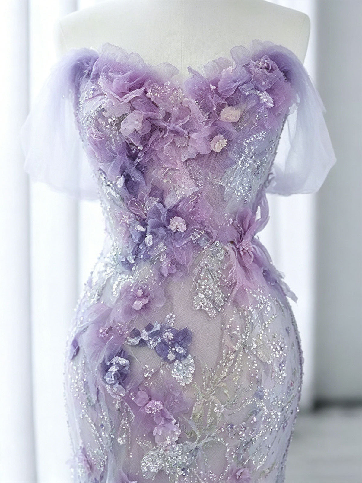 Strapless 3D Floral Lavender Glitter Tulle Mermaid Evening Gown