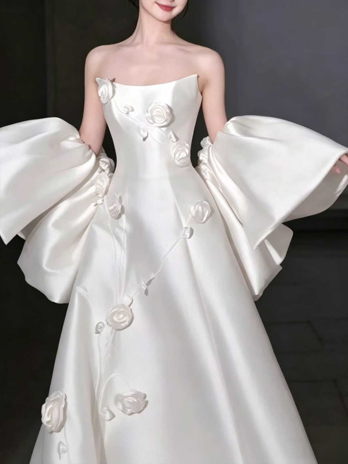 White Strapless Satin Wedding Dress with 3D Rose Appliqués and Detachable Sleeves
