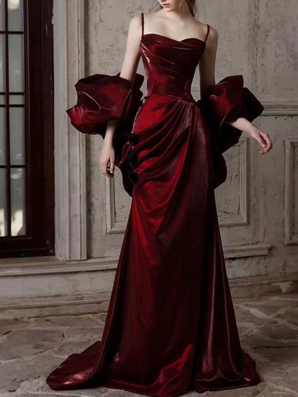 Luxury Burgundy Velvet Evening Gown with Dramatic Puff Sleeves