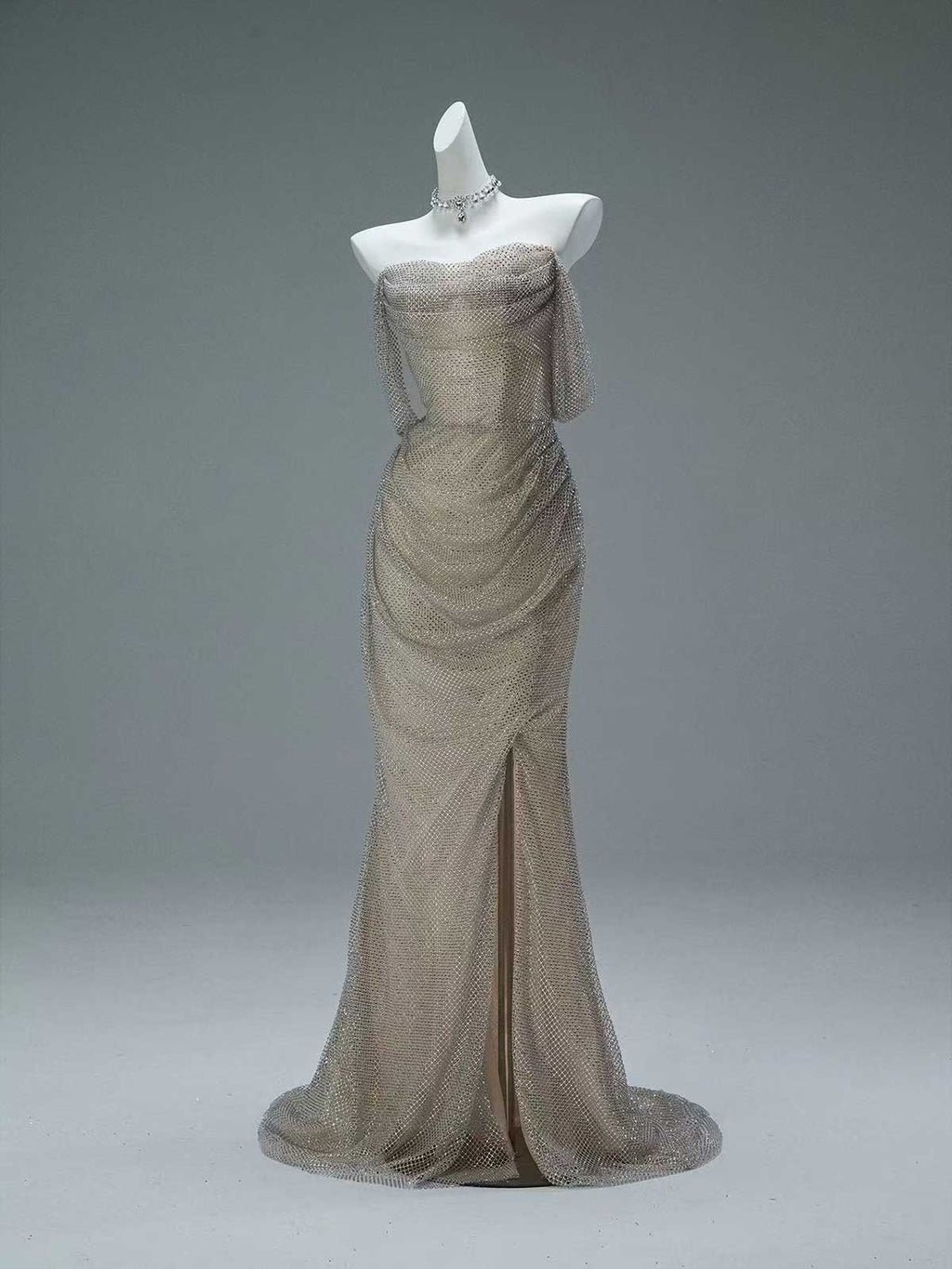 Champagne Off-the-Shoulder Beaded Mesh Mermaid Gown with High Slit