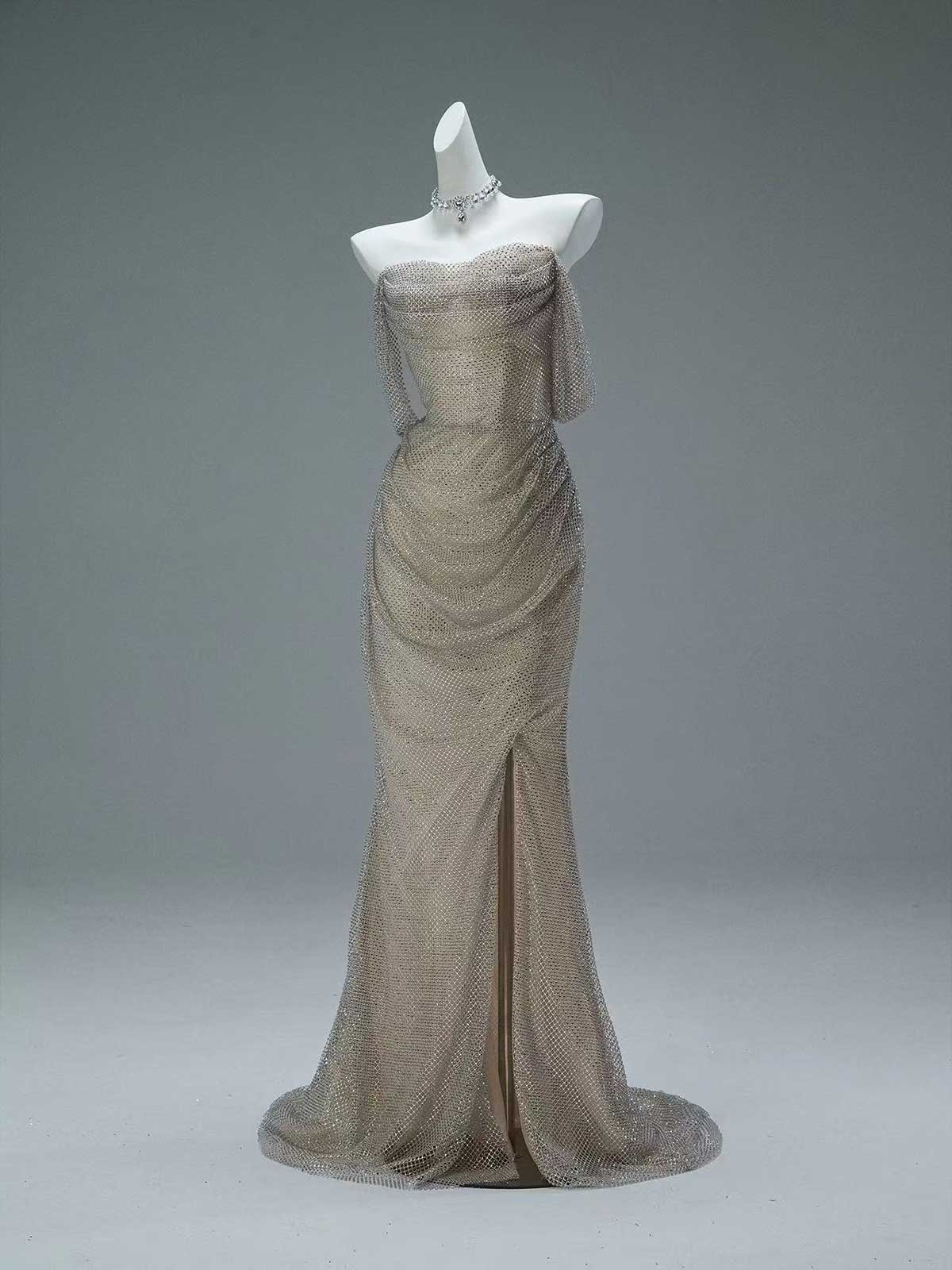 Champagne Off-the-Shoulder Beaded Mesh Mermaid Gown with High Slit