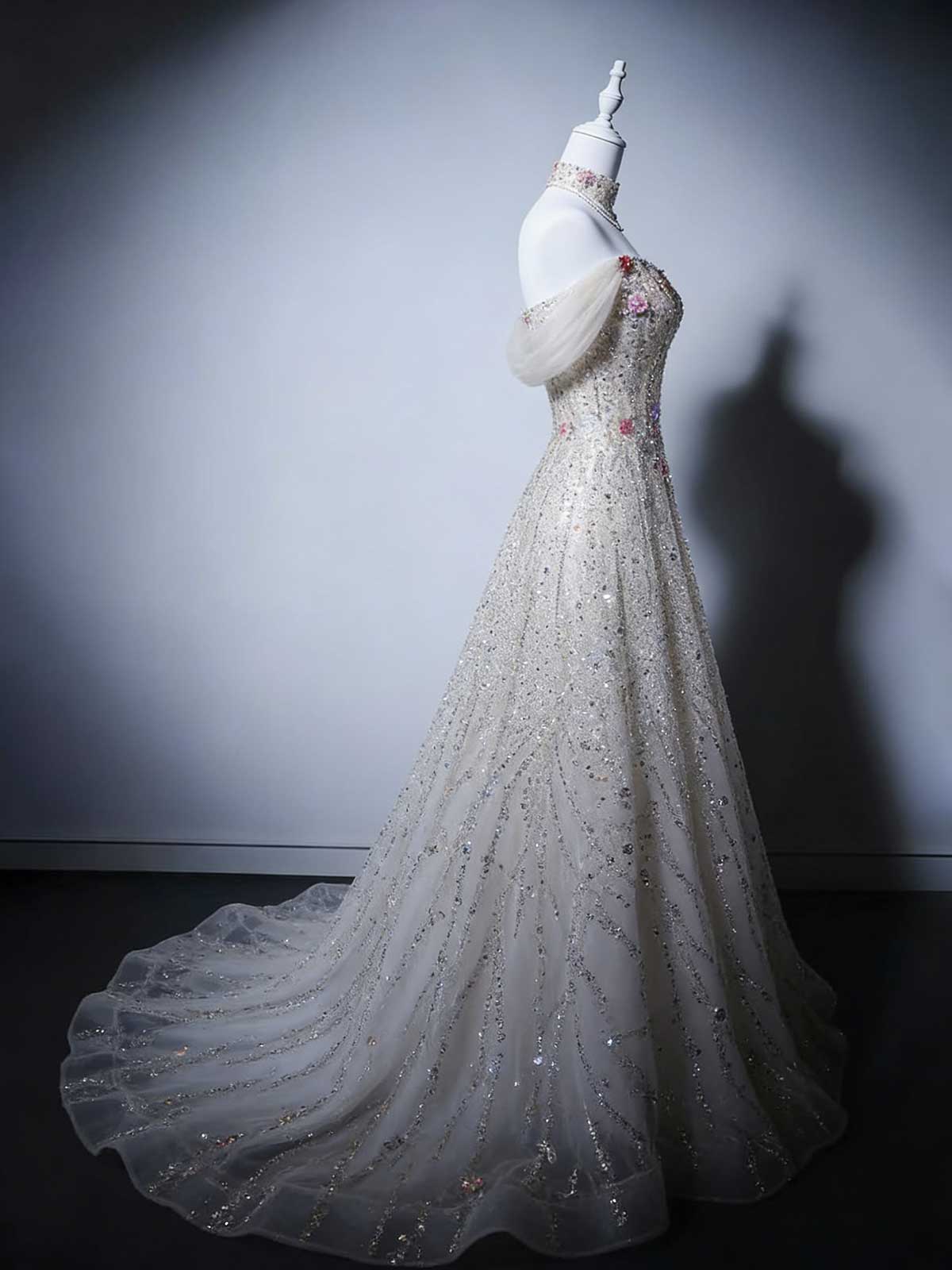 Champagne Gold Beaded Strapless A-Line Evening Gown with Floral Accents