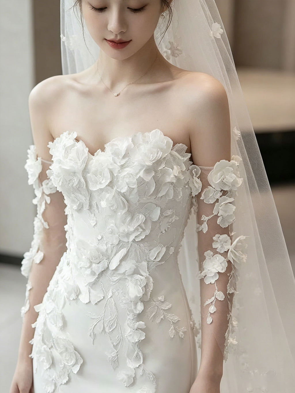 Off Shoulder 3D Floral Lace Long Sleeve Mermaid Train Wedding Gown