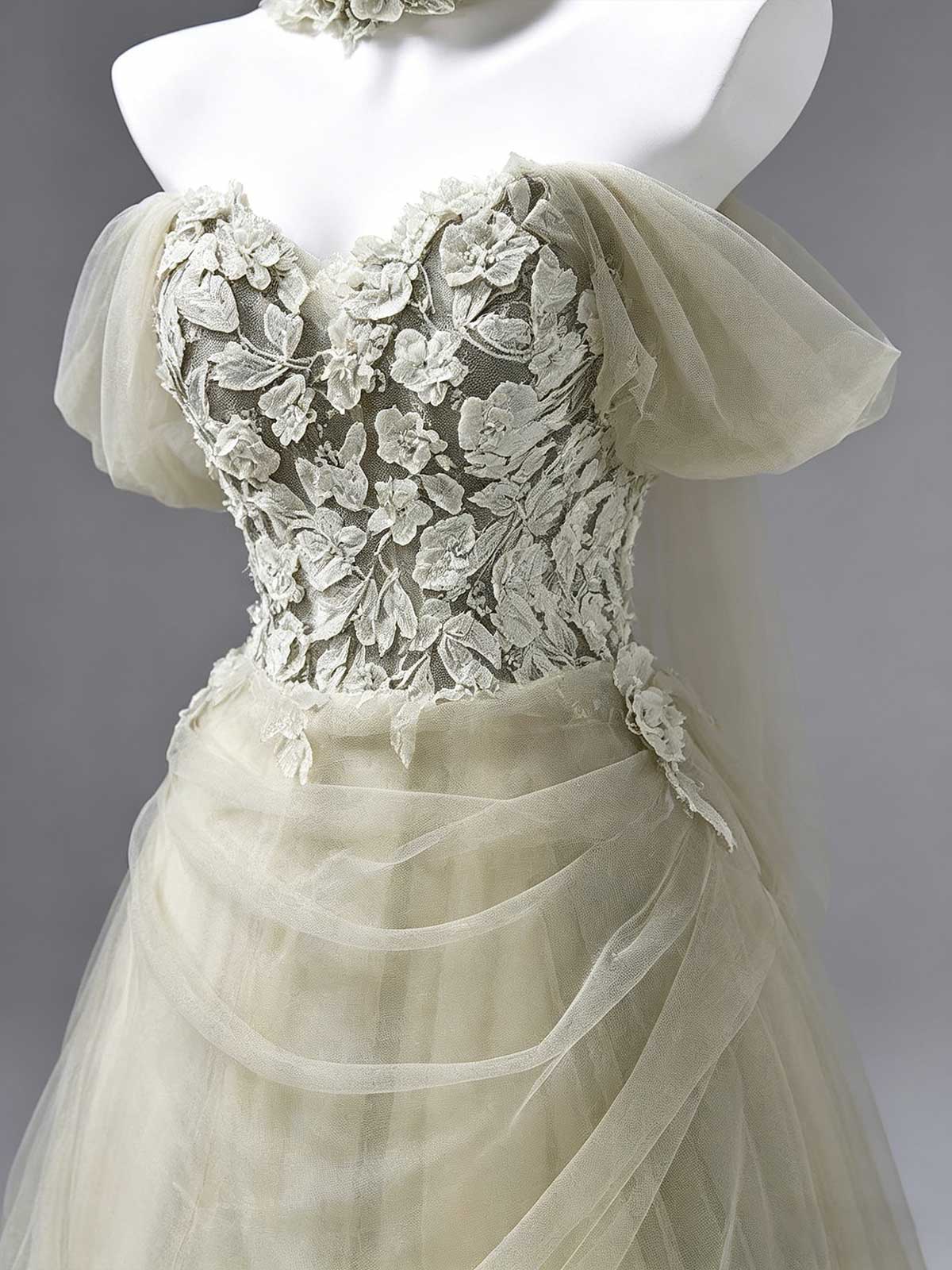 Sage Green Off-the-Shoulder Tulle Wedding Dress with 3D Floral Lace Bodice