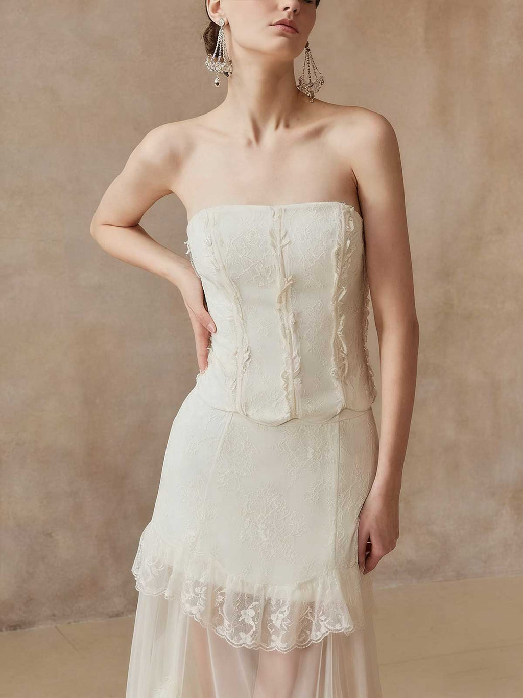 Vintage Lace Strapless Sheath Maxi Dress - Boho Wedding Guest Evening Gown