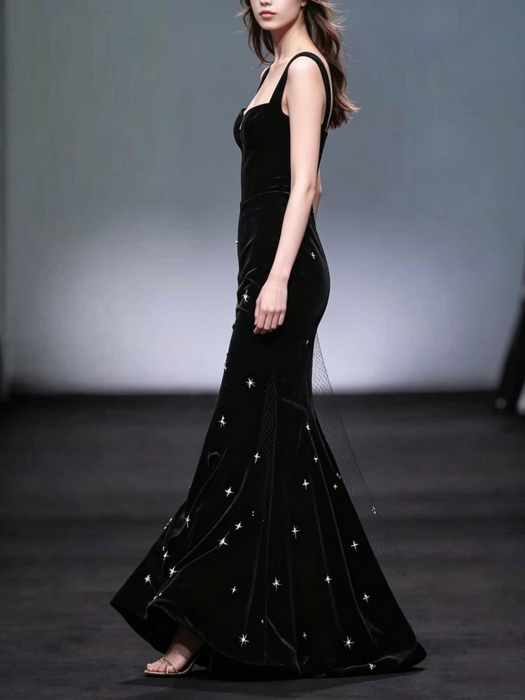 Black Velvet Spaghetti Strap Mermaid Evening Gown with Crystal Star Embellishments