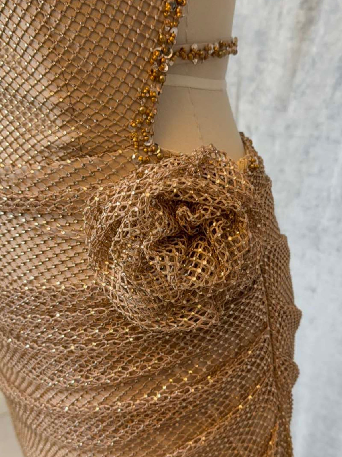 Luxury Gold Mesh Formal Gown with Floral Embellishment & Train