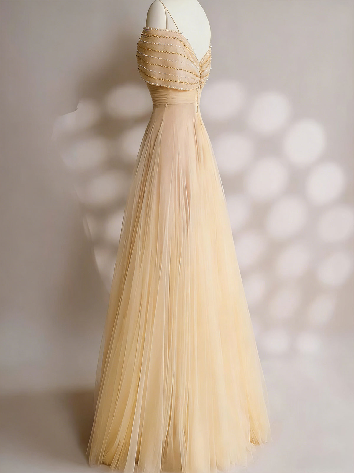Beaded Tulle Prom Gown | Champagne Off-the-Shoulder Formal Dress