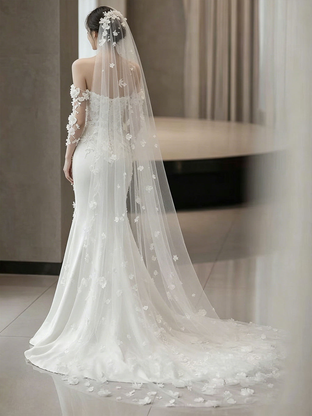 Off Shoulder 3D Floral Lace Long Sleeve Mermaid Train Wedding Gown