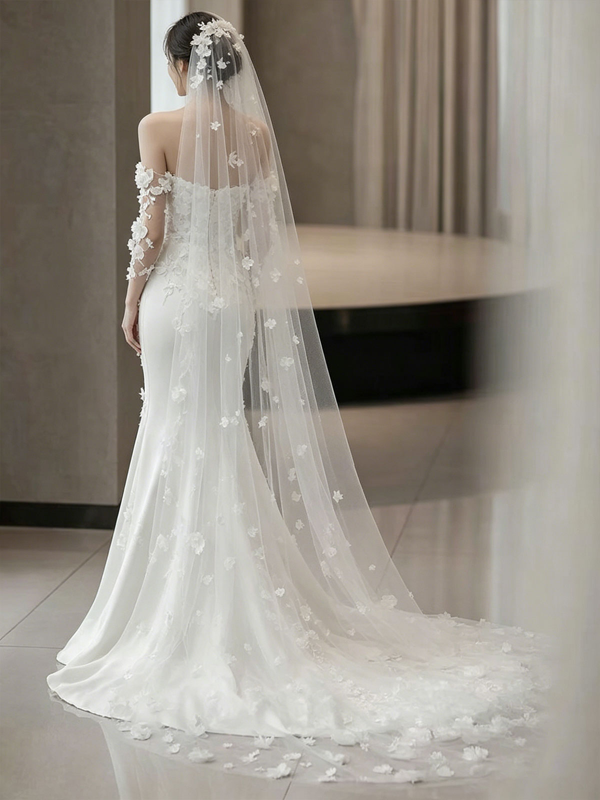 Off Shoulder 3D Floral Lace Long Sleeve Mermaid Train Wedding Gown