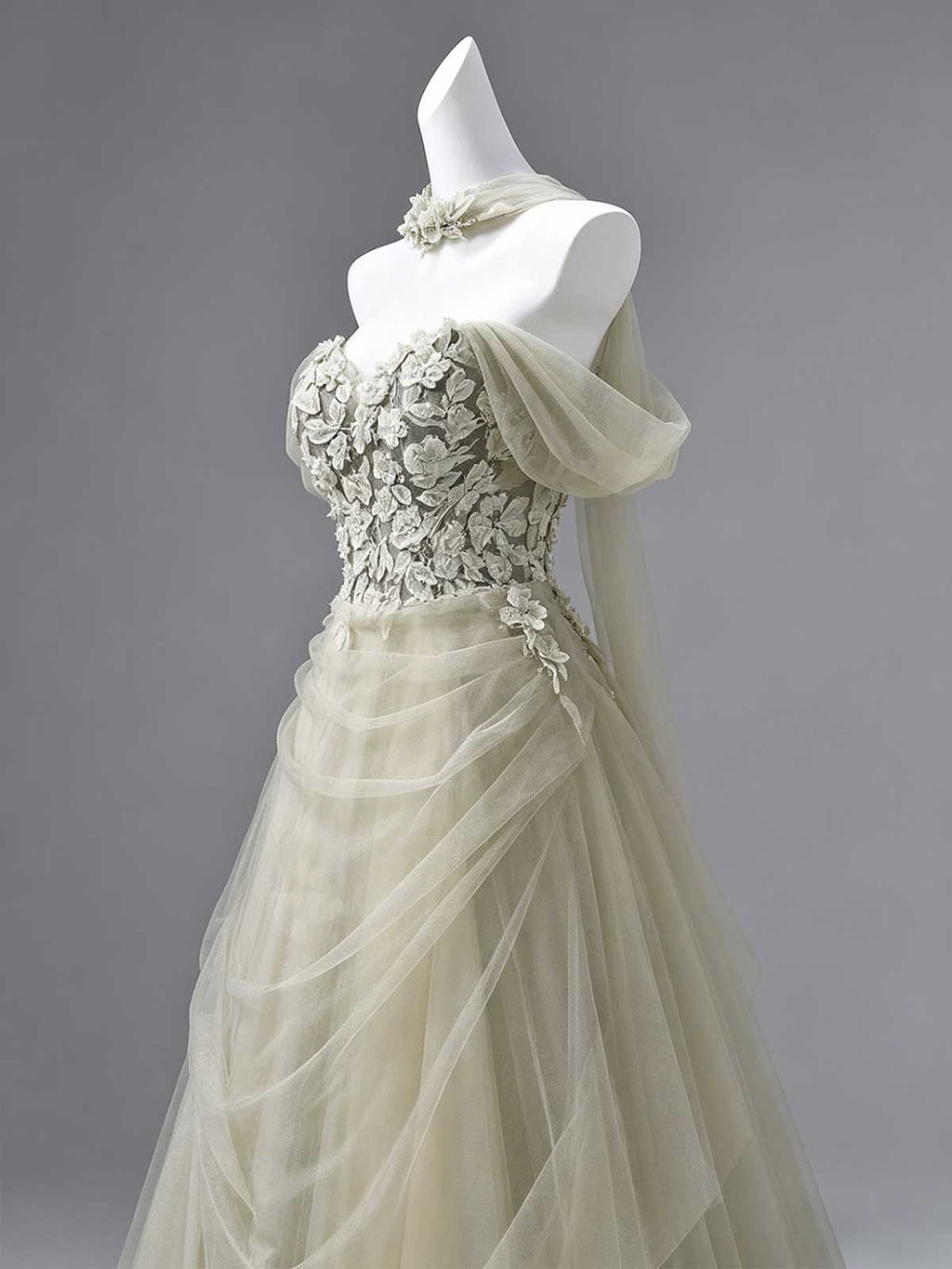 Sage Green Off-the-Shoulder Tulle Wedding Dress with 3D Floral Lace Bodice