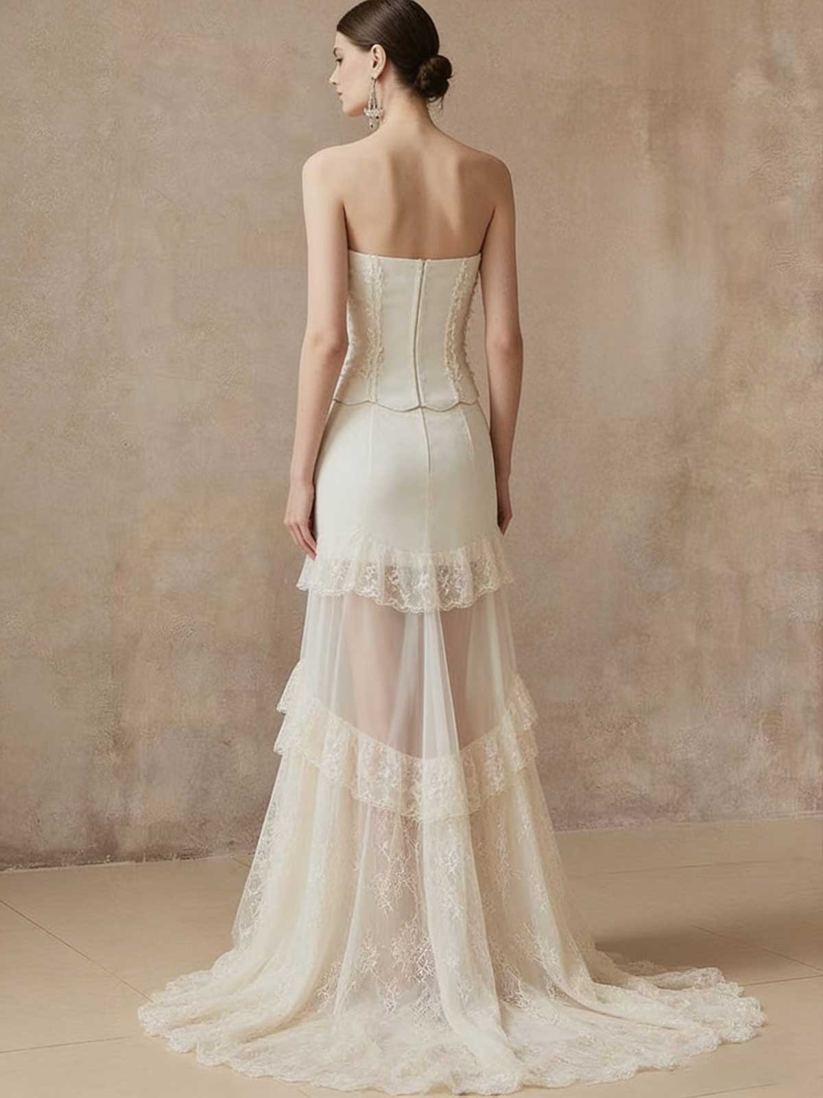 Vintage Lace Strapless Sheath Maxi Dress - Boho Wedding Guest Evening Gown