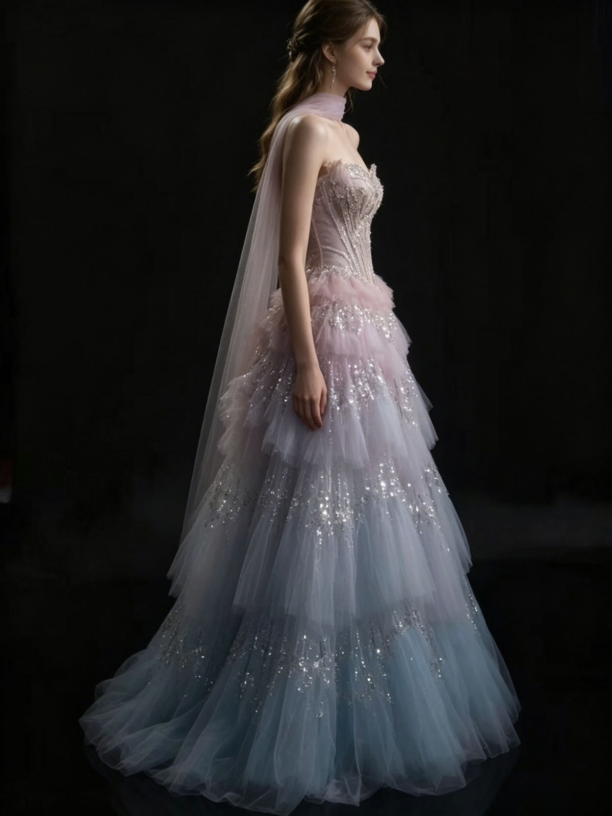 Strapless Ombre Tulle Tiered Sequin Layered Evening Ball Gown 描述