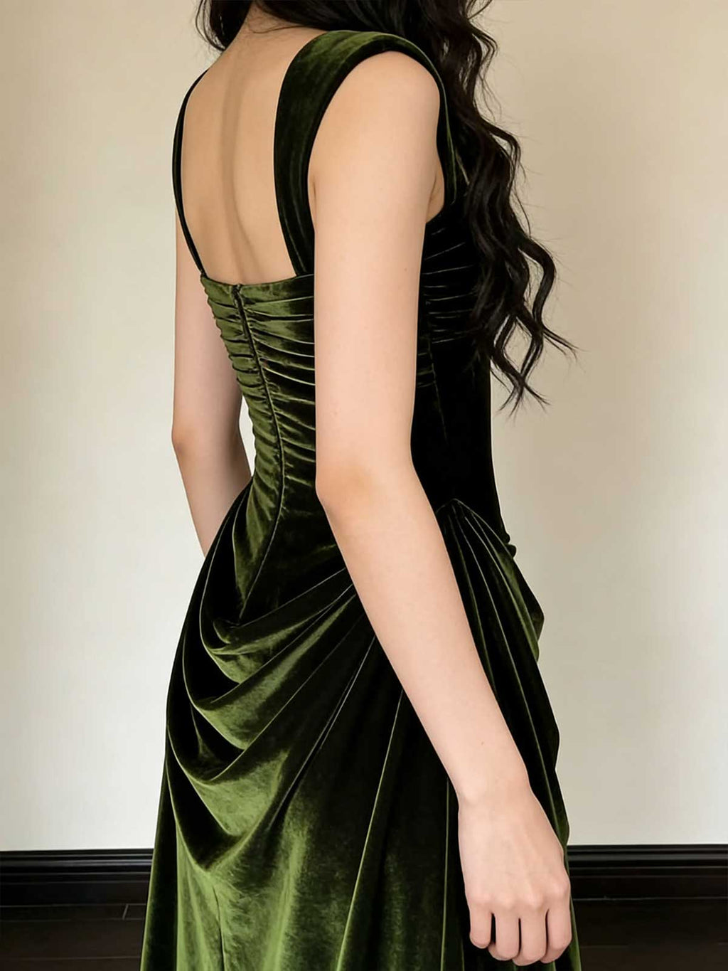 Vintage Emerald Green Velvet Maxi Gown with Draped Bust & Gemstone Accent