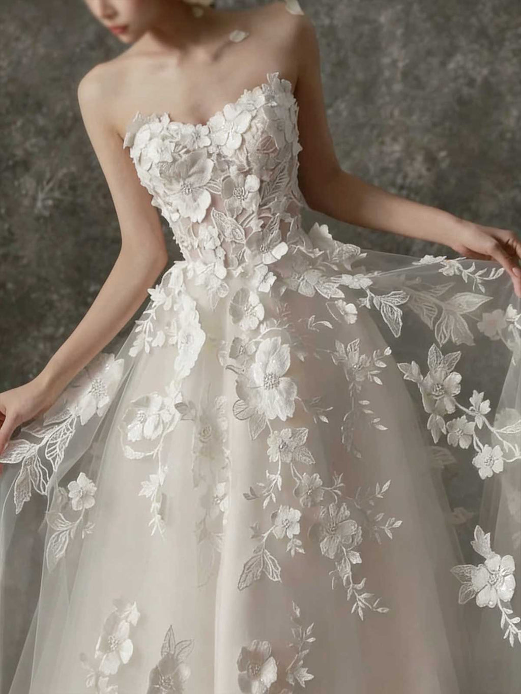 Champagne White 3D Floral Applique Strapless Tulle A-Line Wedding Dress
