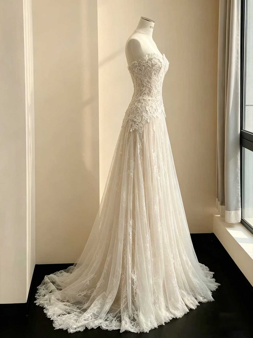 Ivory Lace Strapless Sheer A-Line Wedding Dress with Cape & Train