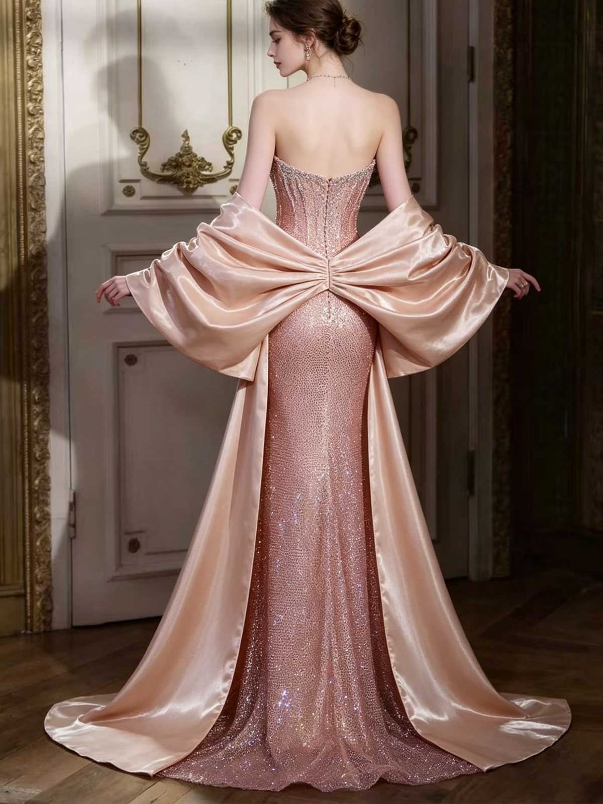 Rose Gold Strapless Crystal Mesh Mermaid Evening Gown with Satin Cape
