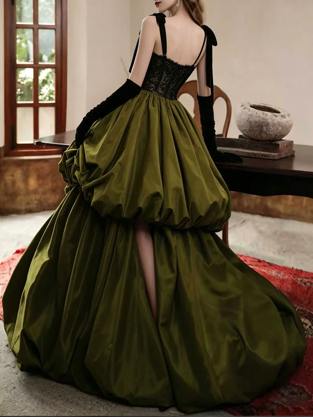 Olive Green Strapless Satin Ball Gown with Lace Corset Bodice