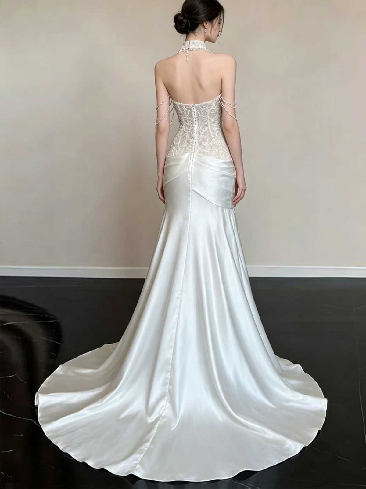Ivory Lace Halter Neck Beaded Satin Mermaid Wedding Dress