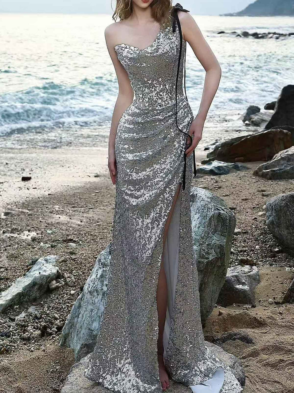 Glam Silver Sequin One-Shoulder Mermaid Evening Gown with Slit