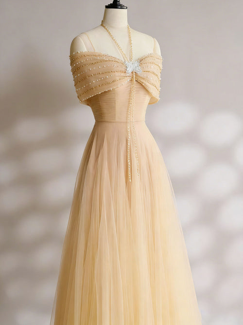 Beaded Tulle Prom Gown | Champagne Off-the-Shoulder Formal Dress
