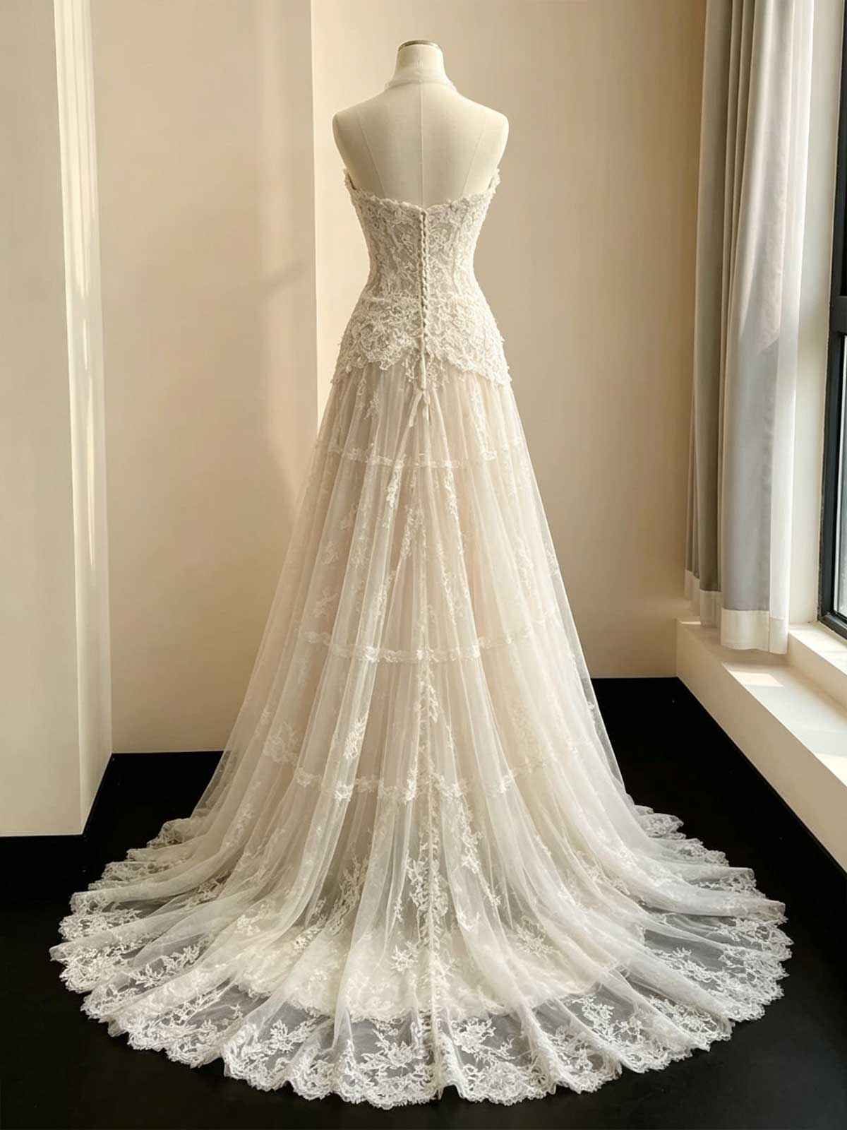 Ivory Lace Strapless Sheer A-Line Wedding Dress with Cape & Train