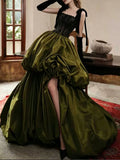 Olive Green Strapless Satin Ball Gown with Lace Corset Bodice