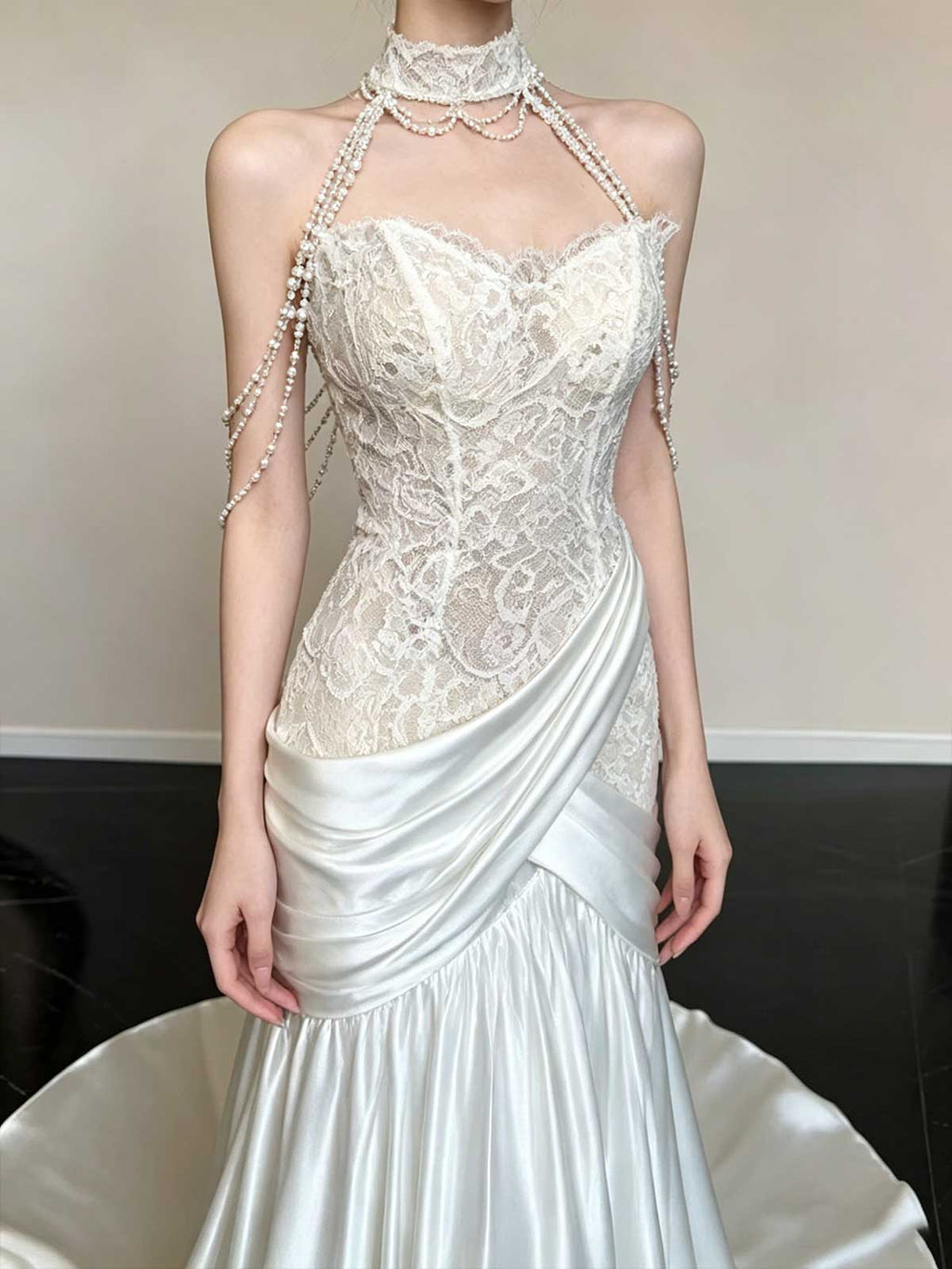 Ivory Lace Halter Neck Beaded Satin Mermaid Wedding Dress
