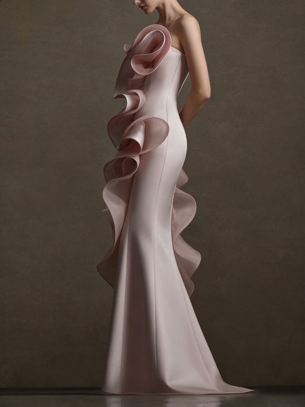 Dusty Pink Strapless Mermaid Gown with 3D Organ Ruffles & Side Draping