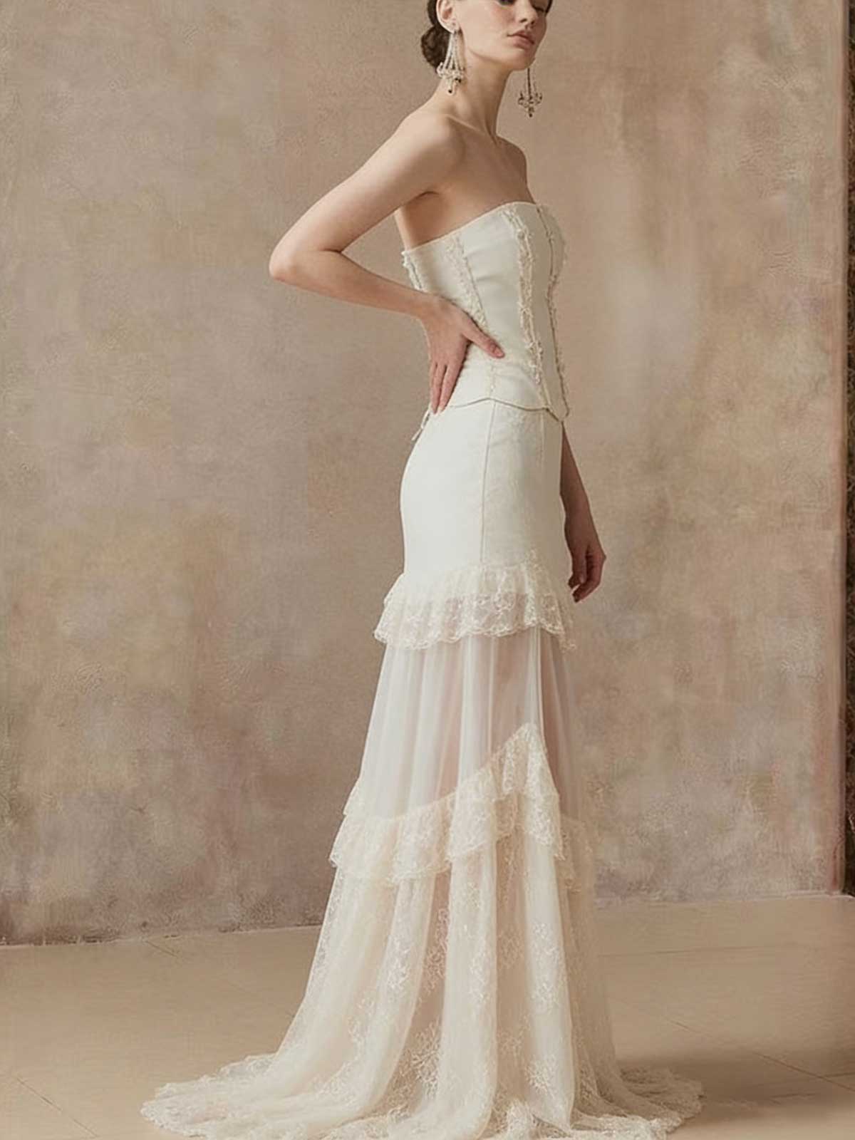 Vintage Lace Strapless Sheath Maxi Dress - Boho Wedding Guest Evening Gown