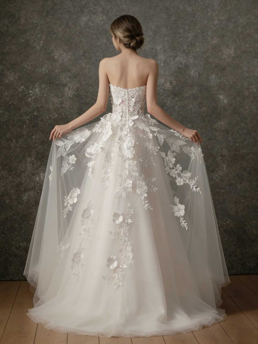 Champagne White 3D Floral Applique Strapless Tulle A-Line Wedding Dress