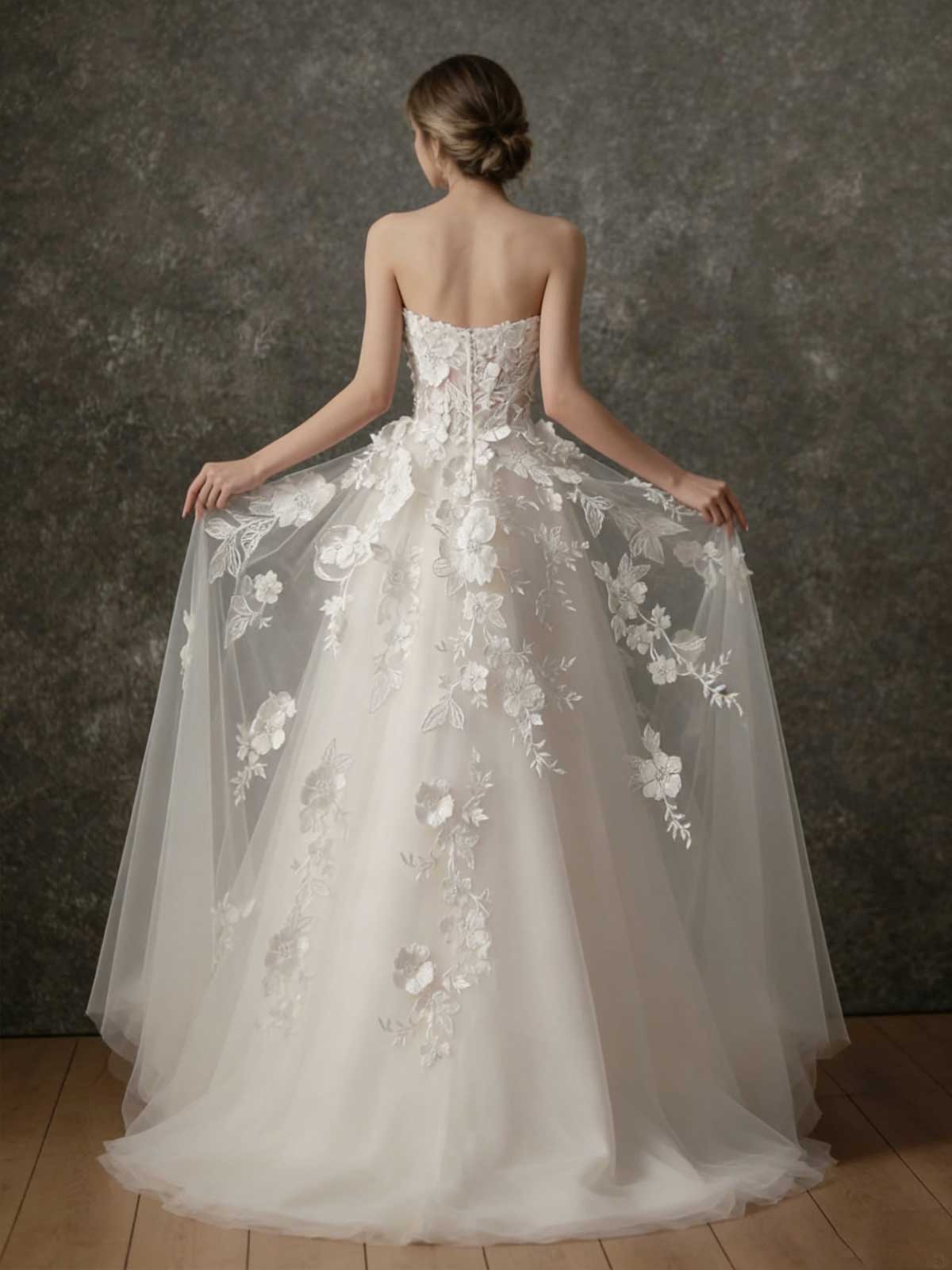 Champagne White 3D Floral Applique Strapless Tulle A-Line Wedding Dress