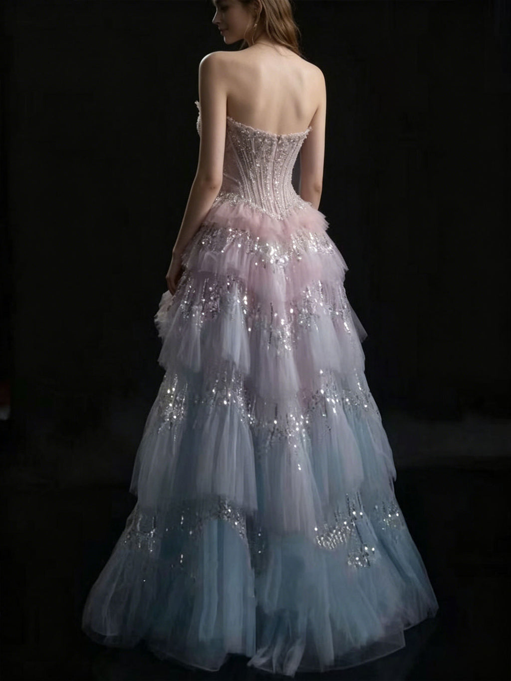 Strapless Ombre Tulle Tiered Sequin Layered Evening Ball Gown 描述