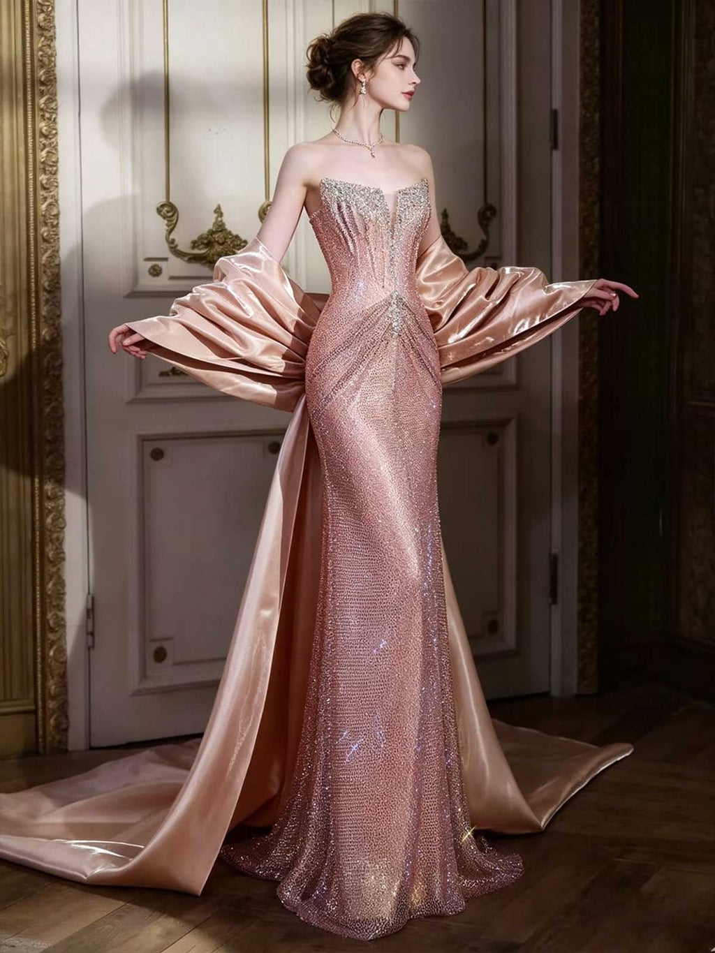 Rose Gold Strapless Crystal Mesh Mermaid Evening Gown with Satin Cape