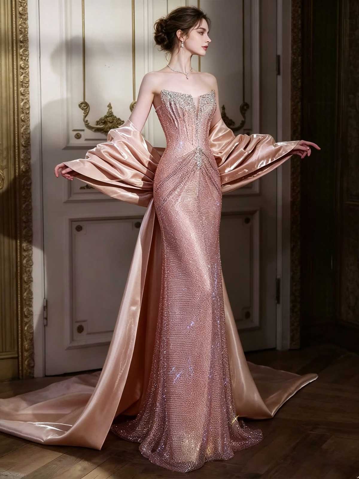 Rose Gold Strapless Crystal Mesh Mermaid Evening Gown with Satin Cape