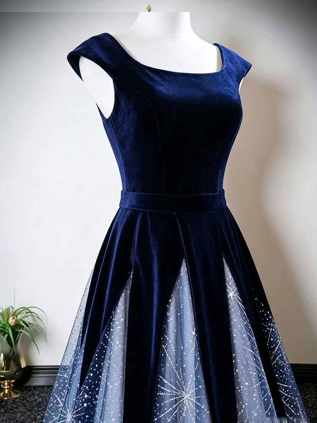 Navy Blue Velvet & Starburst Tulle A-Line Evening Gown