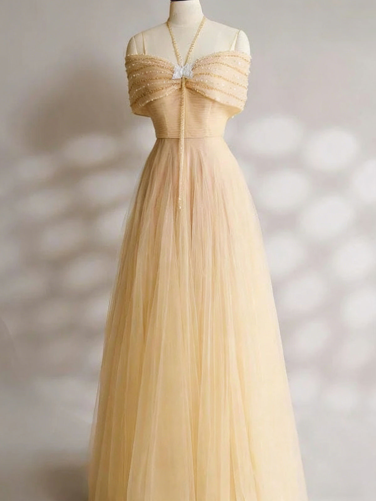 Beaded Tulle Prom Gown | Champagne Off-the-Shoulder Formal Dress