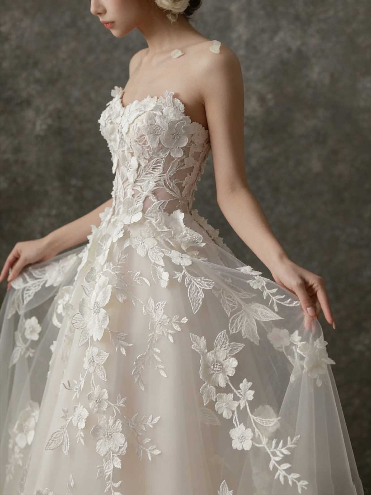 Champagne White 3D Floral Applique Strapless Tulle A-Line Wedding Dress