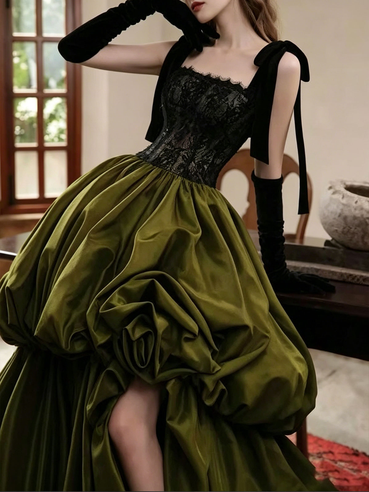Olive Green Strapless Satin Ball Gown with Lace Corset Bodice