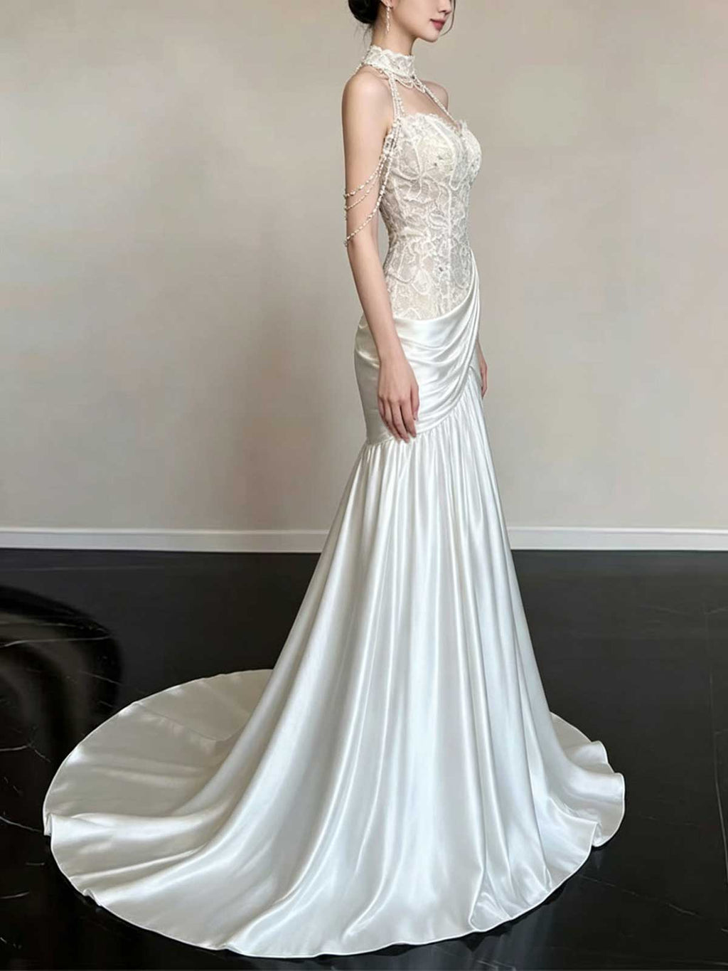 Ivory Lace Halter Neck Beaded Satin Mermaid Wedding Dress