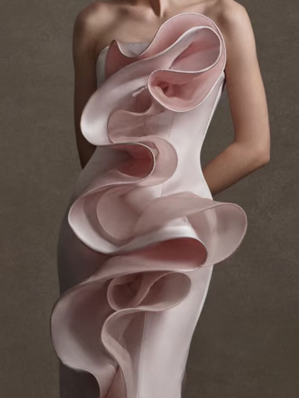Dusty Pink Strapless Mermaid Gown with 3D Organ Ruffles & Side Draping